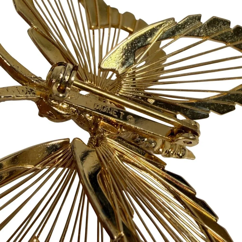 Vintage Signed MONET Golden Butterfly Brooch Pin Open Wire Layered Wings 2